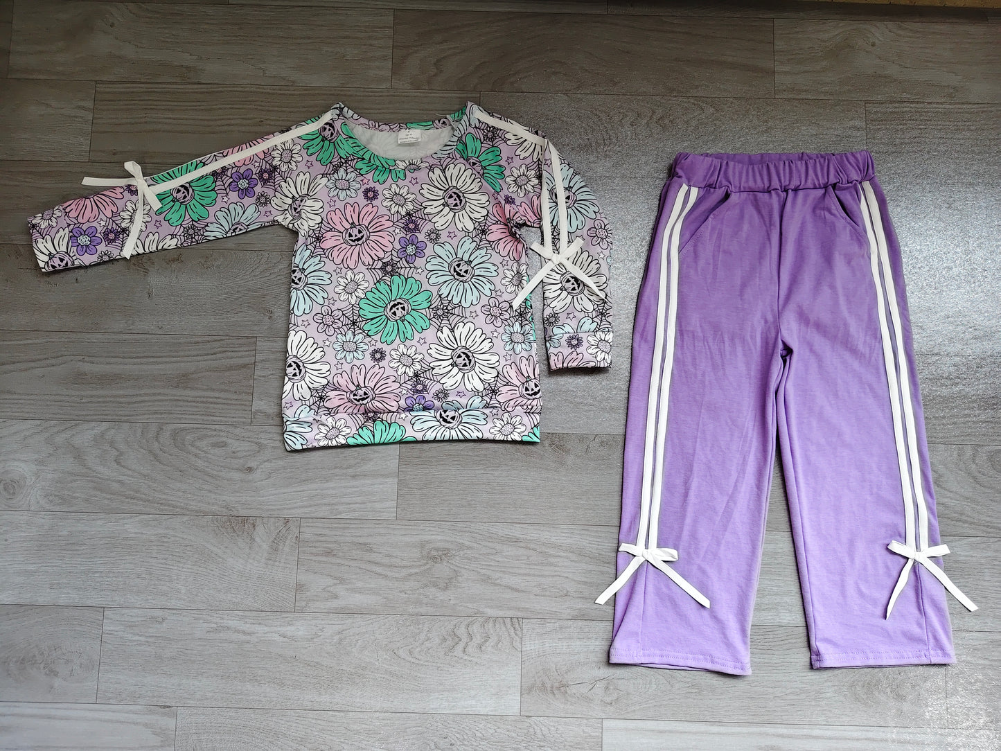 NO MOQ Preorder GLP3353 Halloween Flower Goose Bows Long Sleeve Purple Pants Girls Sets 202607