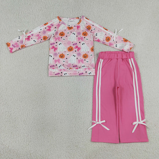 GLP3356 Halloween Pumpkin Goose Bows Long Sleeve Rose Red Pants Girls Sets 202607 RTS