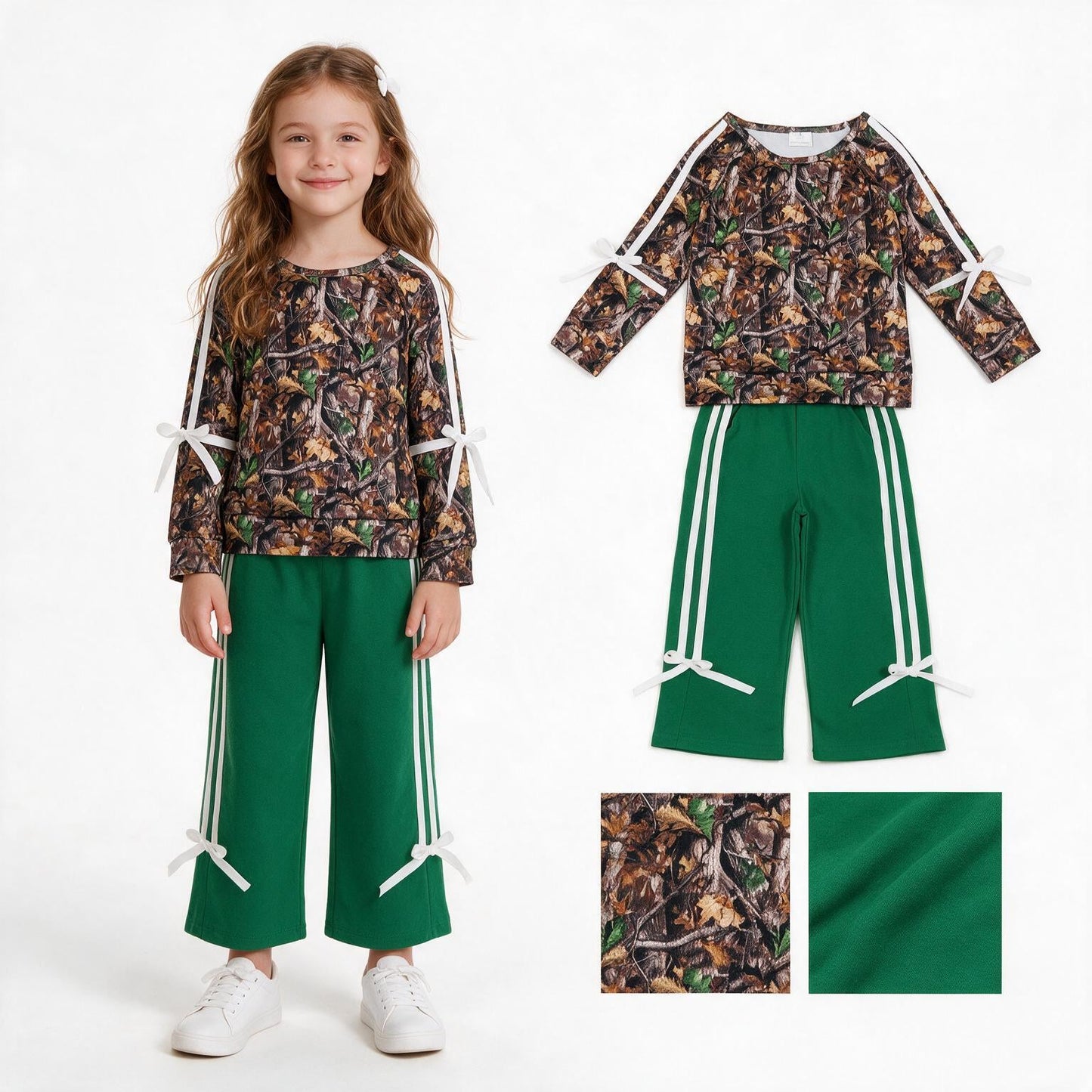 GLP3358 Hunting Leaves Stripe Bows Green Girls Outfits
