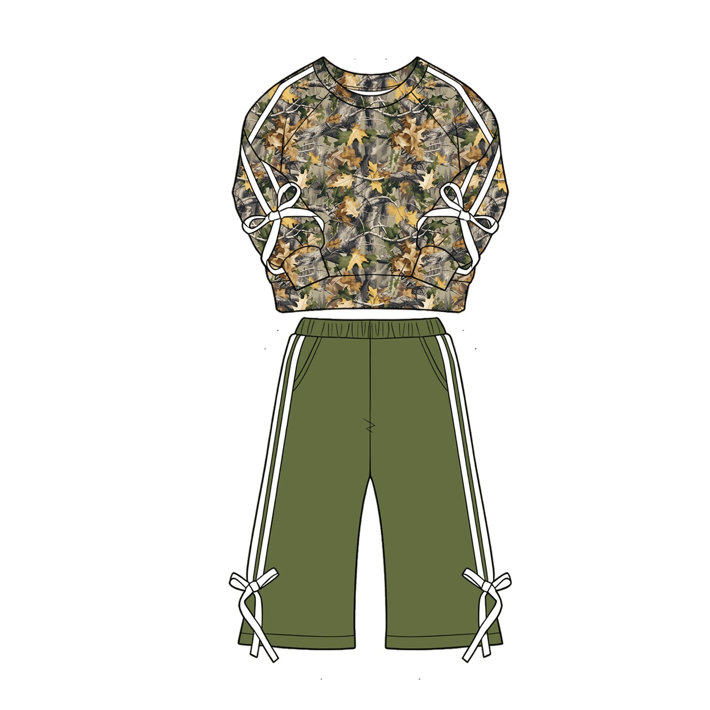 MOQ 5 PCS Preorder GLP3359 Hunting Branches Leaves Stripe Bows Long Sleeve Gray Green Pants Girls Sets 202604