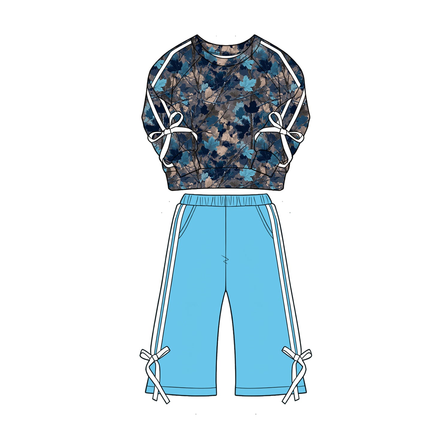 MOQ 5 PCS Preorder GLP3360 Hunting Branches Leaves Stripe Bows Long Sleeve Blue Pants Girls Sets 202604