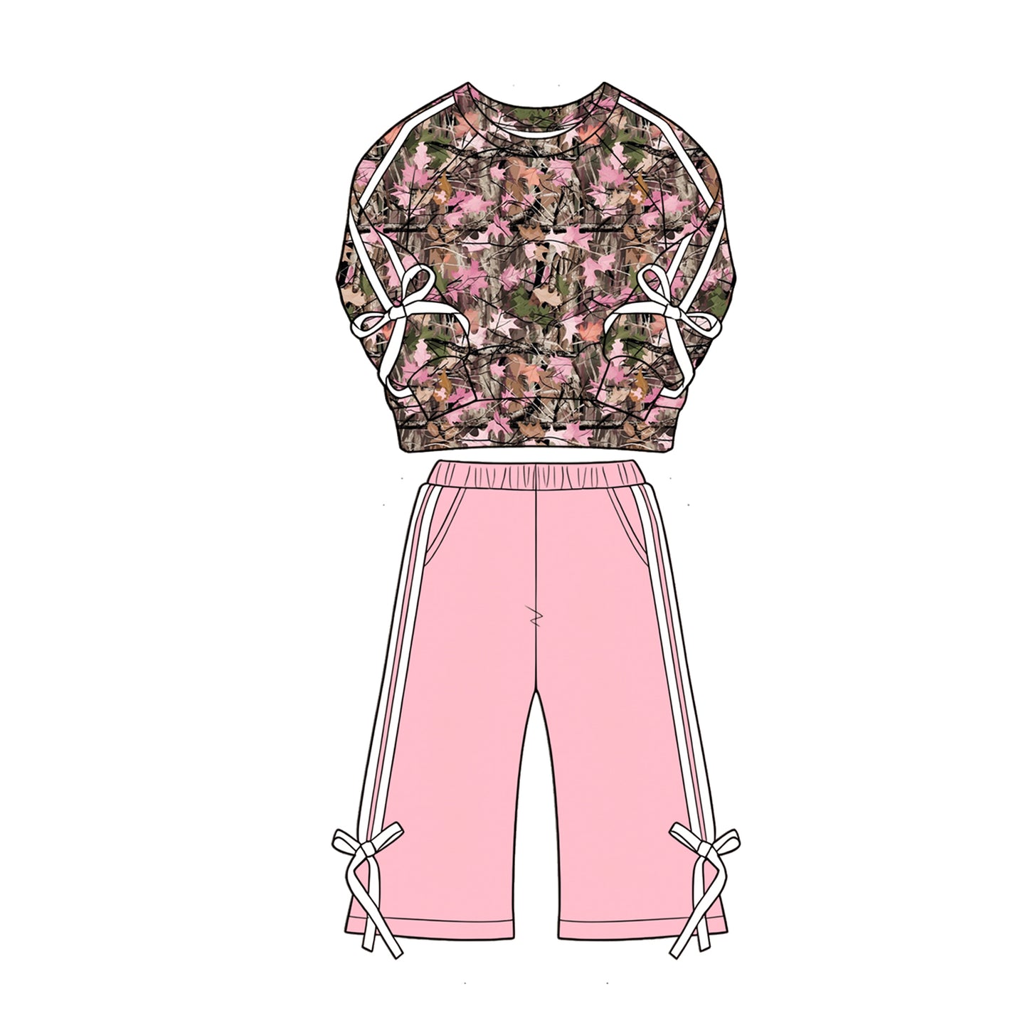MOQ 5 PCS Preorder GLP3362 Hunting Branches Leaves Stripe Bows Long Sleeve Pink Pants Girls Sets 202604