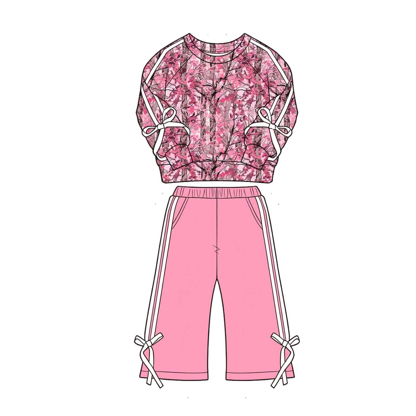 MOQ 5 PCS Preorder GLP3363 Hunting Branches Leaves Stripe Bows Long Sleeve Rose Red Pants Girls Sets 202604