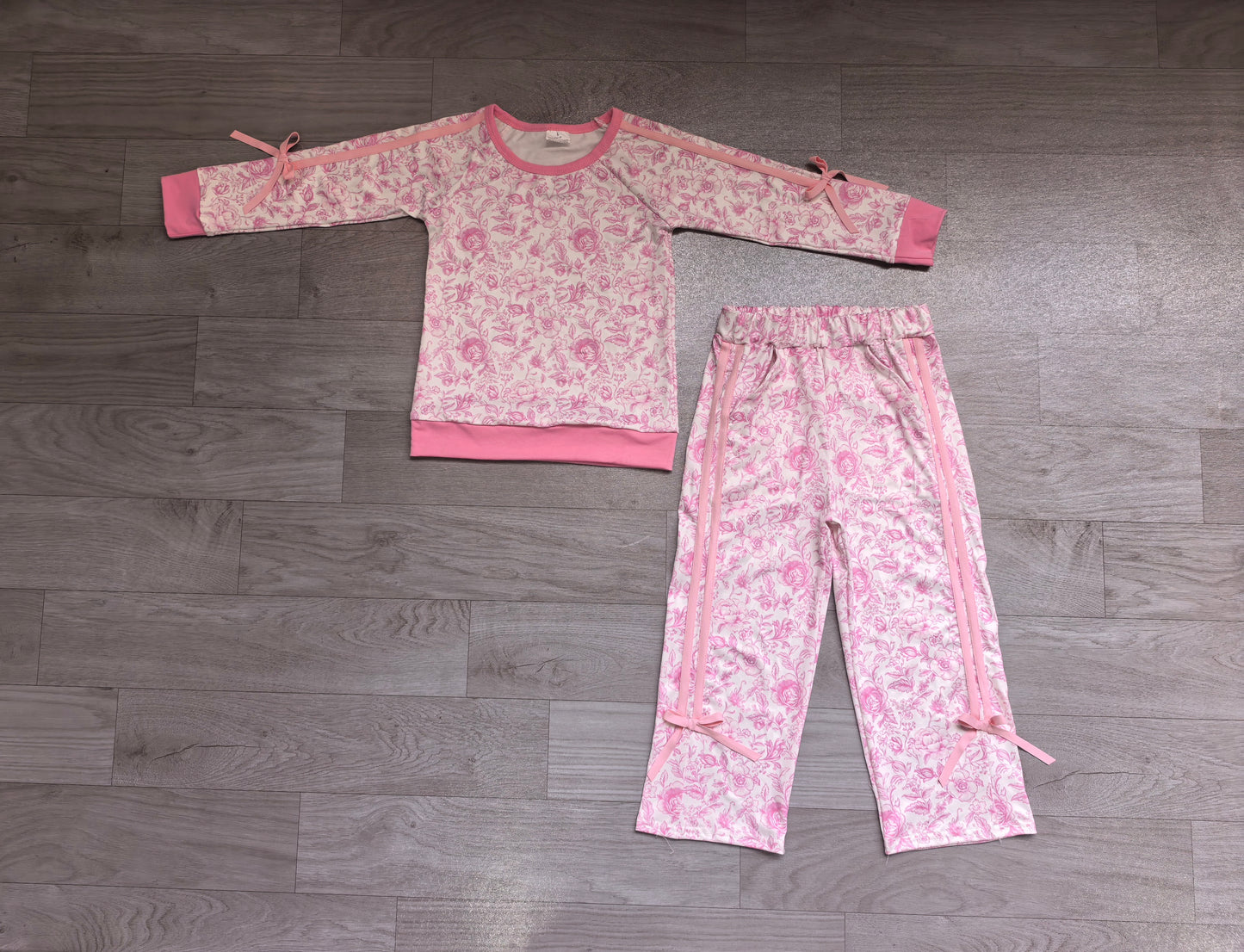 NO MOQ Preorder GLP3366 Floral Pink Stripe Bows Long Sleeve Pants Girls Sets 202607