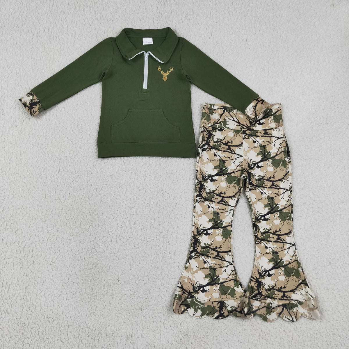 GLP3369 Embroidered Hunting Branches Leaves Dark Green Zip Collar Long Sleeve Scalloped Pants Girls Sets 202608 RTS
