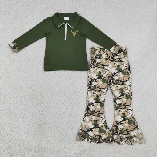 GLP3369 Embroidered Hunting Branches Leaves Dark Green Zip Collar Long Sleeve Scalloped Pants Girls Sets 202608 RTS