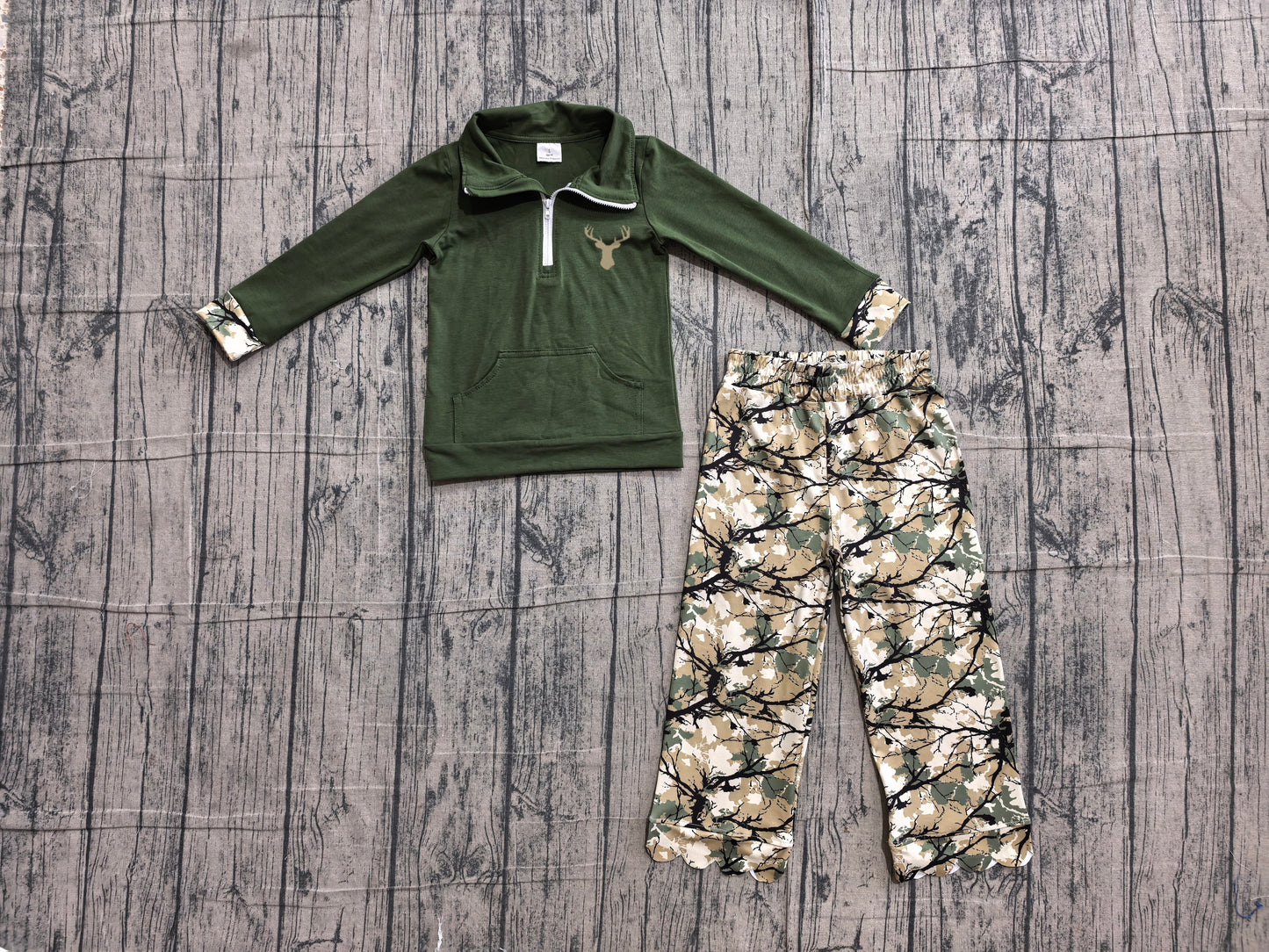 MOQ 5 PCS Preorder GLP3369 Hunting Branches Leaves Dark Green Zip Collar Long Sleeve Scalloped Pants Girls Sets 202606