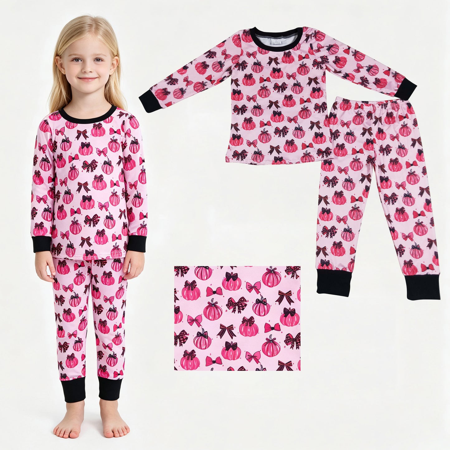 GLP3375 Pumpkin Bows Rose Red Long Sleeve Pants Girls Sets 202607 RTS