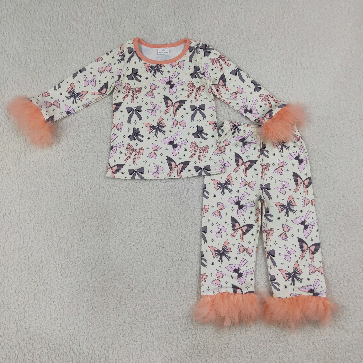 GLP3386 Halloween Goose Bows Orange Plush Long Sleeve Pants Girls Pajamas Sets 202607 RTS