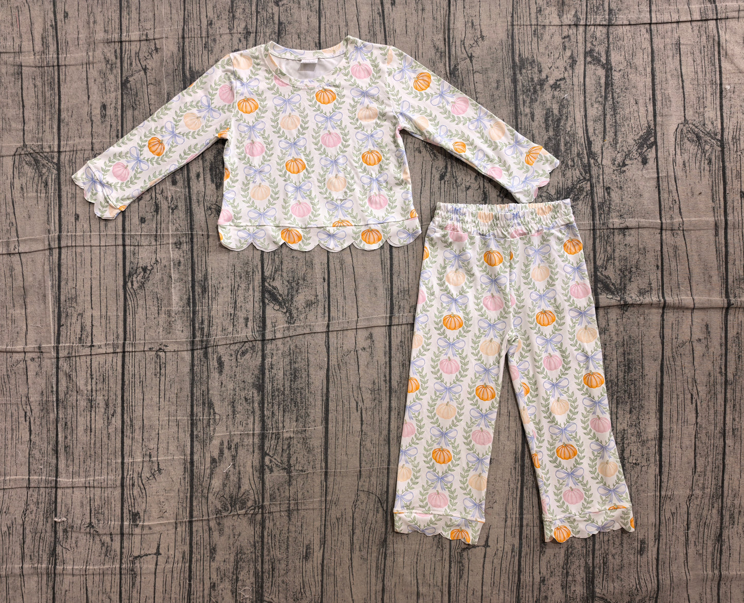 NO MOQ Preorder GLP3395 Pumpkin Leaf White Scalloped Long Sleeve Pants Girls Sets 202606