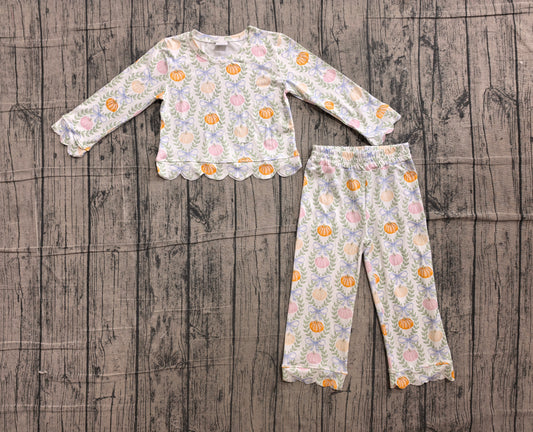 NO MOQ Preorder GLP3395 Pumpkin Leaf White Scalloped Long Sleeve Pants Girls Sets 202606