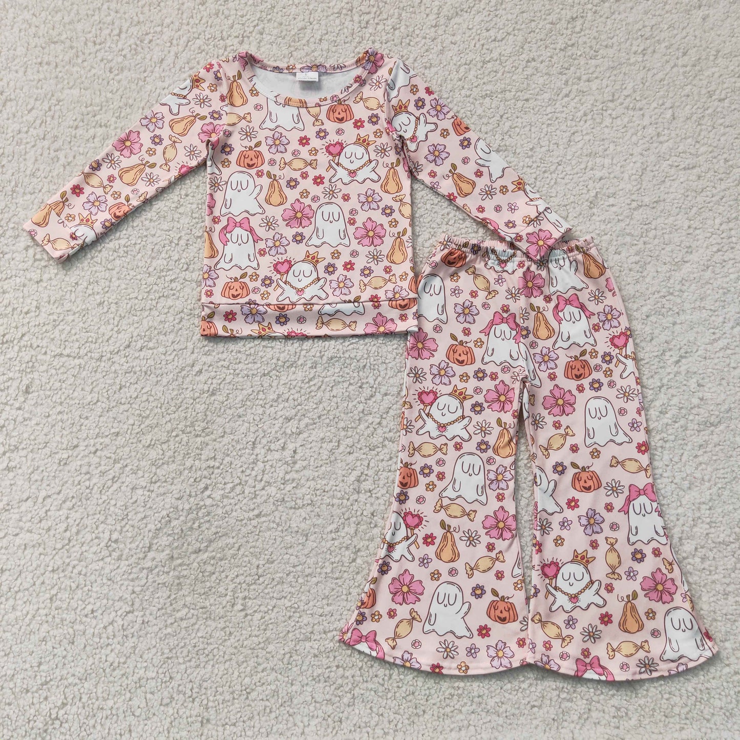 GLP3400 Halloween Pumpkin Goose Flower Bows Long Sleeve Bell Bottom Pants Girls Sets 202607 RTS