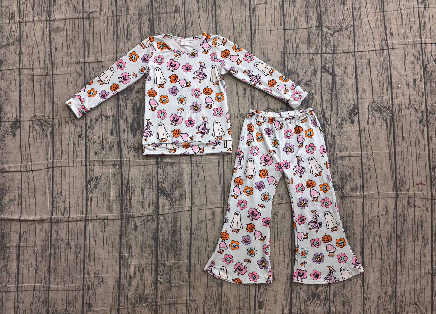 NO MOQ Preorder GLP3401 Halloween Pumpkin Flower Goose Ghost Long Sleeve Bell Bottom Pants Girls Sets 202606