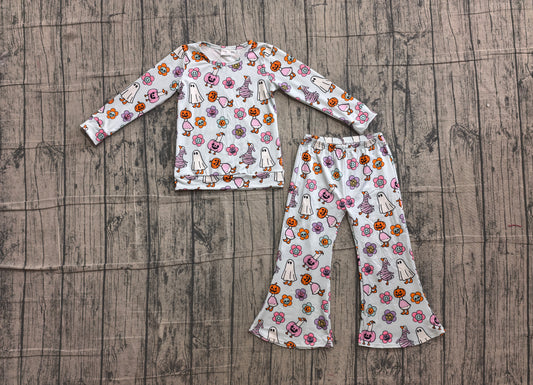 NO MOQ Preorder GLP3401 Halloween Pumpkin Flower Goose Ghost Long Sleeve Bell Bottom Pants Girls Sets 202606