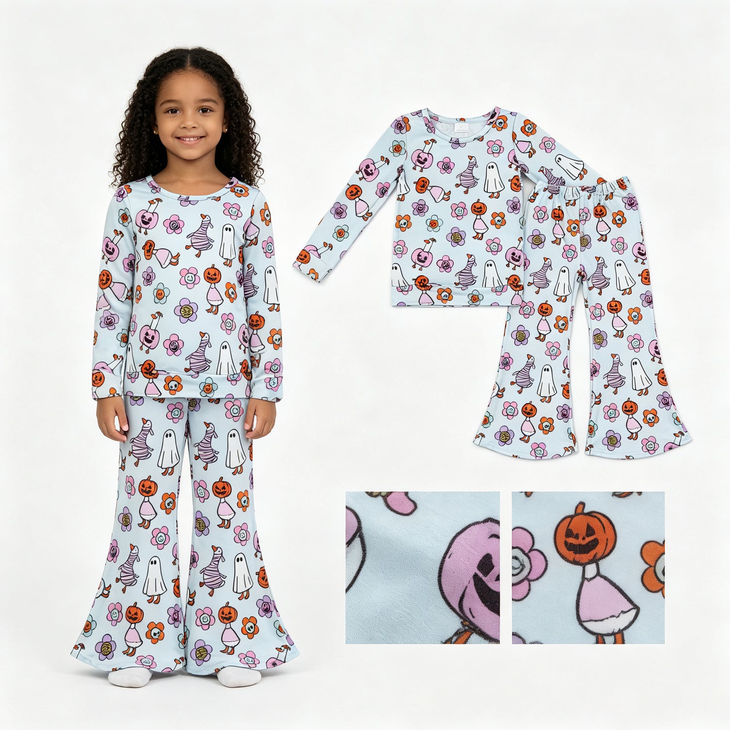GLP3401 Halloween Pumpkin Flower Goose Ghost Long Sleeve Bell Bottom Pants Girls Sets 202607 RTS