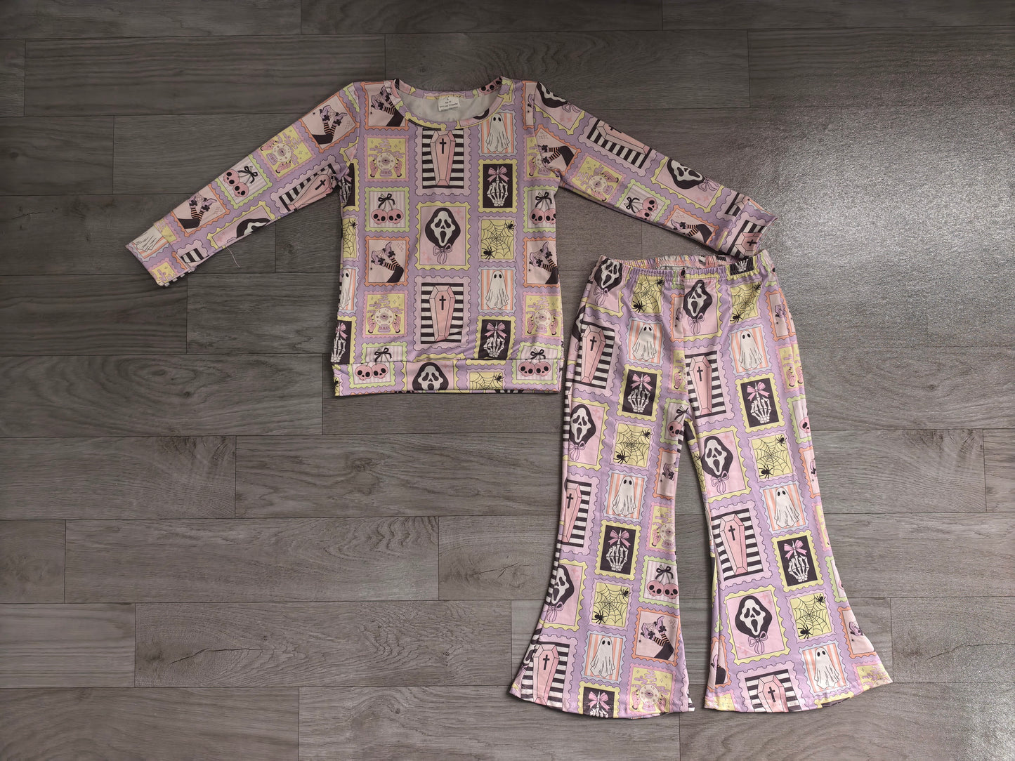 NO MOQ Preorder GLP3402 Halloween Goose Light Purple Long Sleeve Bell Bottom Pants Girls Sets 202606