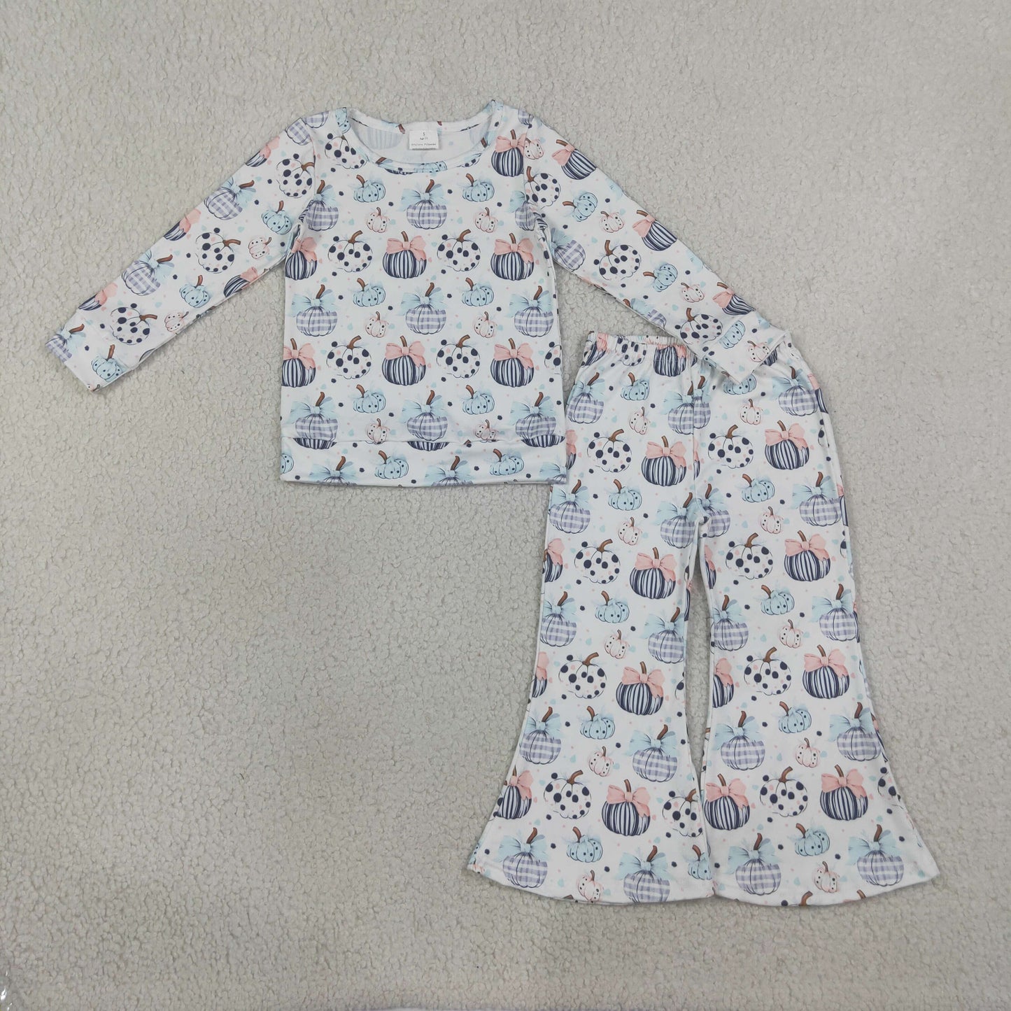 GLP3403 Pumpkin Bows White Long Sleeve Bell Bottom Pants Girls Sets 202608 RTS