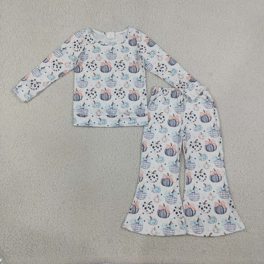 GLP3403 Pumpkin Bows White Long Sleeve Bell Bottom Pants Girls Sets 202608 RTS