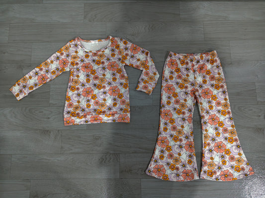 NO MOQ Preorder GLP3404 Halloween Goose Orange Flower Long Sleeve Bell Bottom Pants Girls Sets 202607