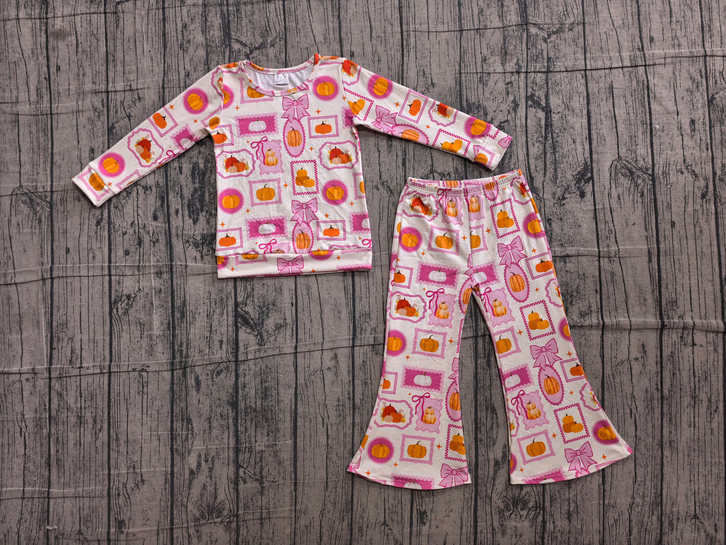 NO MOQ Preorder GLP3405 Pumpkin Bows Rose Red Long Sleeve Bell Bottom Pants Girls Sets 202606