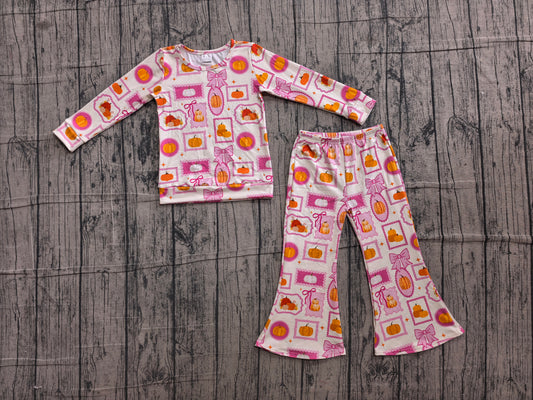 NO MOQ Preorder GLP3405 Pumpkin Bows Rose Red Long Sleeve Bell Bottom Pants Girls Sets 202606