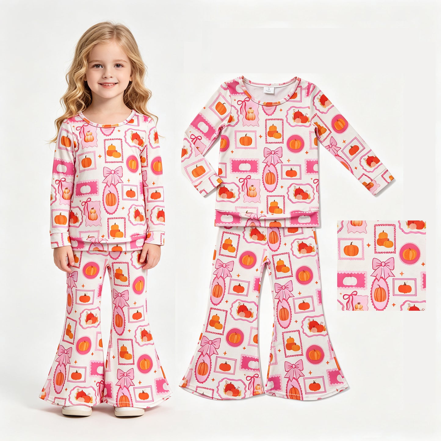 GLP3405 Pumpkin Bows Rose Red Long Sleeve Bell Bottom Pants Girls Sets 202607 RTS