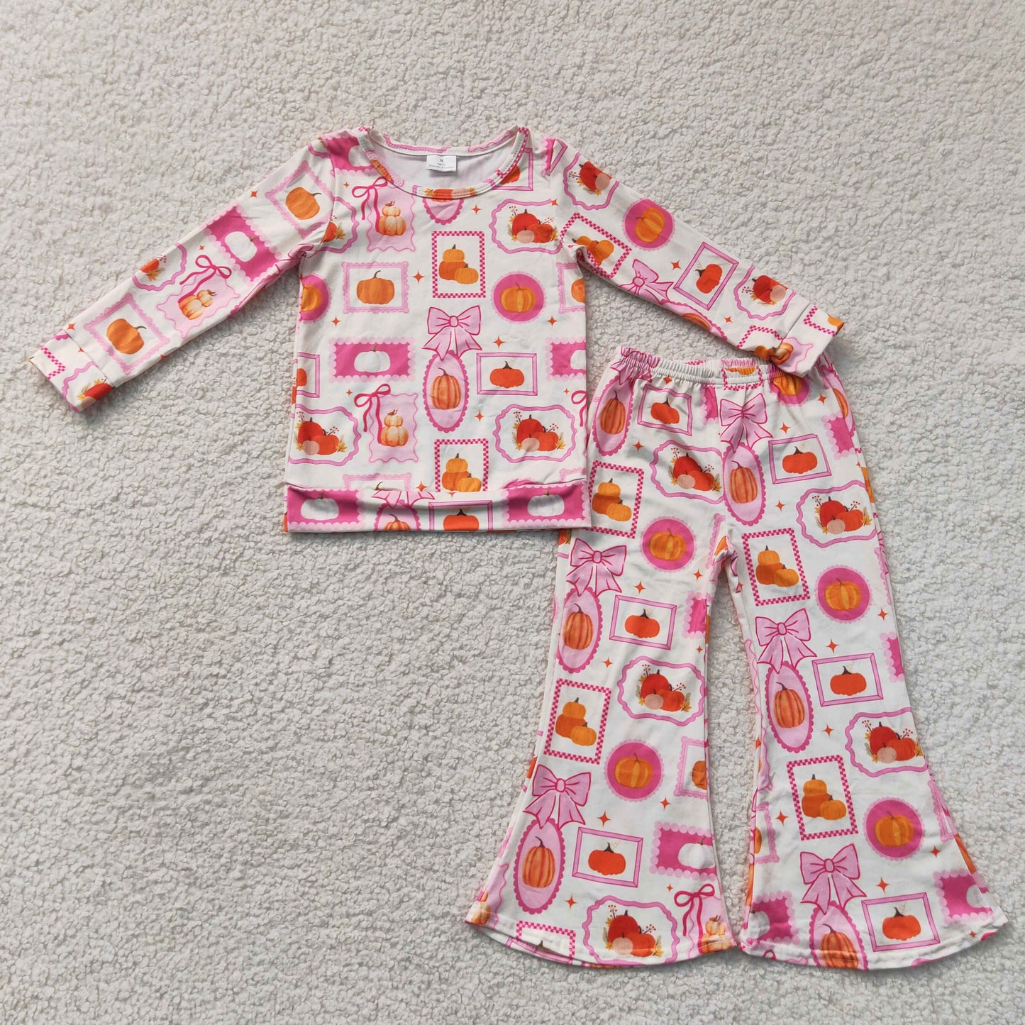 GLP3405 Pumpkin Bows Rose Red Long Sleeve Bell Bottom Pants Girls Sets 202607 RTS