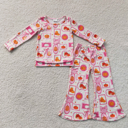 GLP3405 Pumpkin Bows Rose Red Long Sleeve Bell Bottom Pants Girls Sets 202607 RTS