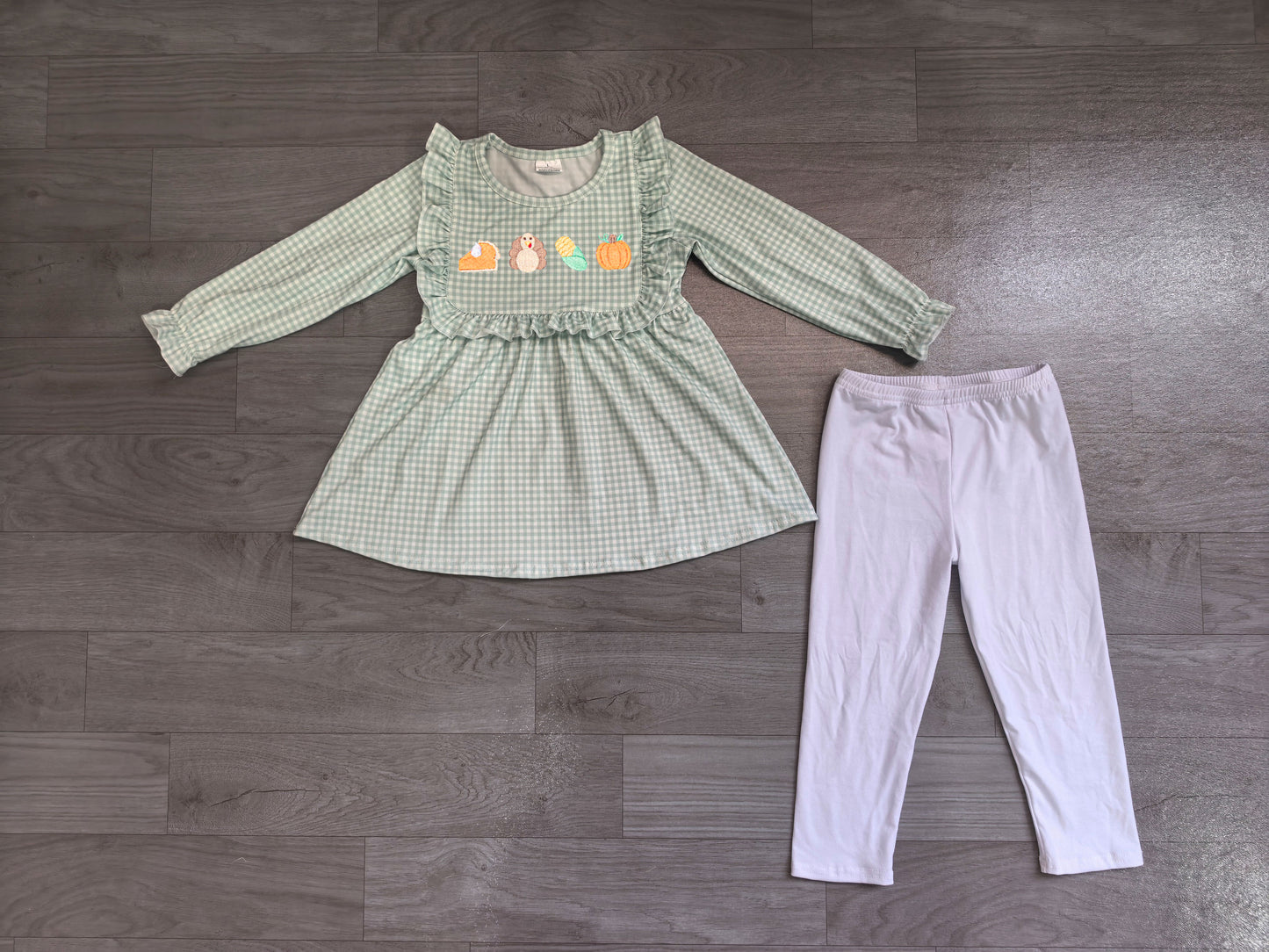 NO MOQ Preorder GLP3409 Embroidered Thanksgiving Turkey Pumpkin Ruffle Green Plaid Long-Sleeved Pants Girls Sets 202607
