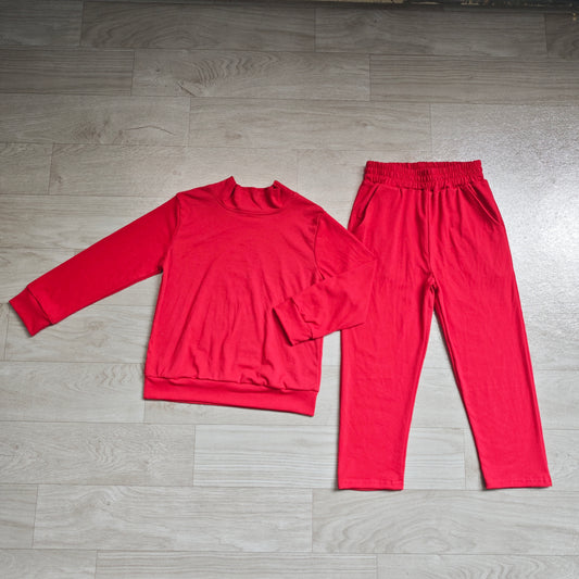 NO MOQ Preorder GLP3412 Solid Red Long-Sleeved Pants Girls Sets 202607 Daughter & Mom Matching Sweatshirt and Sweatpants Set