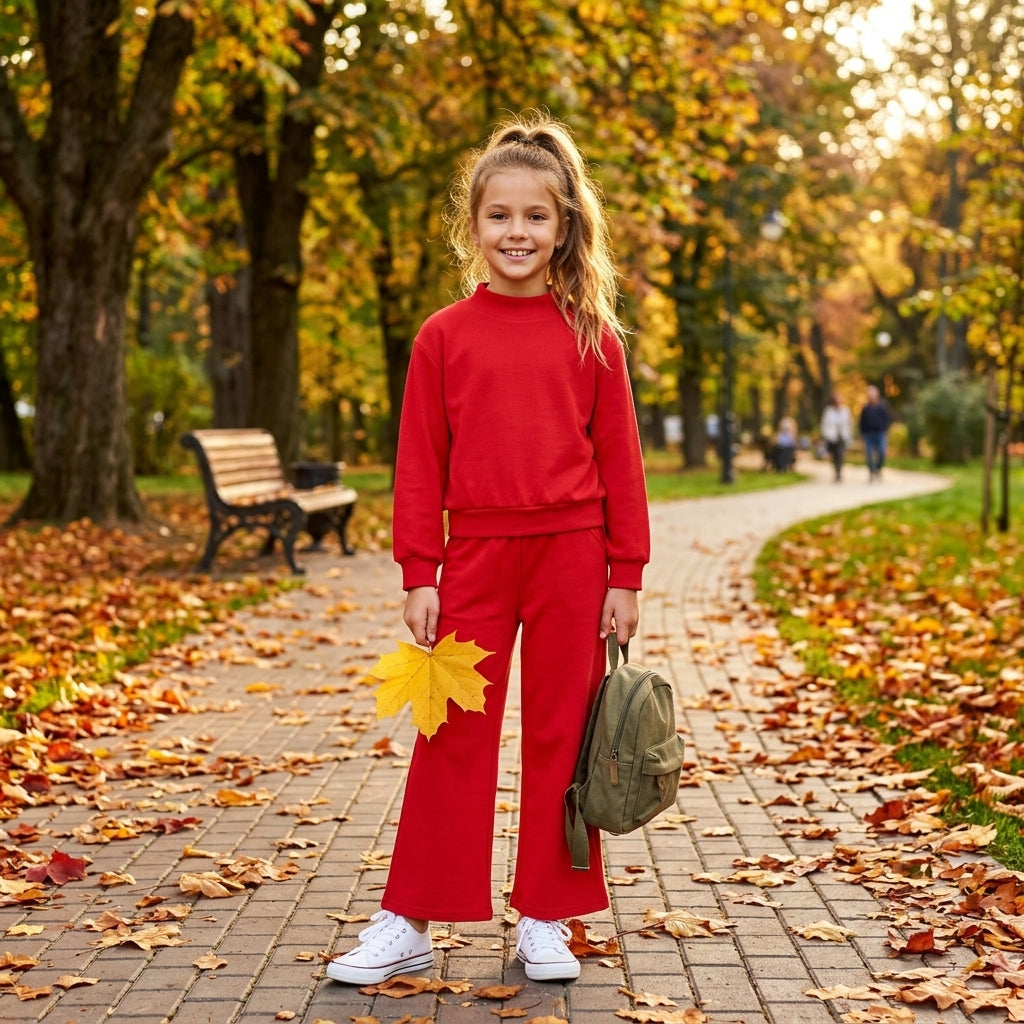 GLP3412 Solid Color Red Middle Neckline Girls Set