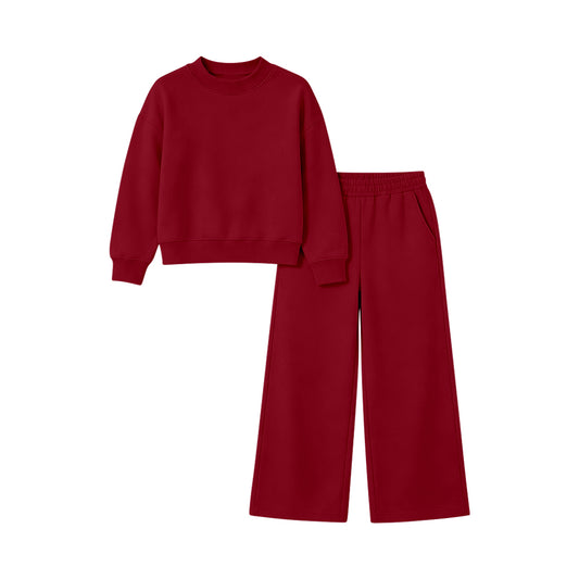 NO MOQ Preorder GLP3413 Solid Dark Red Long-Sleeved Pants Girls Sets 202607 Daughter & Mom Matching Sweatshirt and Sweatpants Set