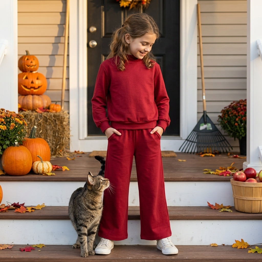 GLP3413 Solid Color Dark Red Middle Neckline Girls Set