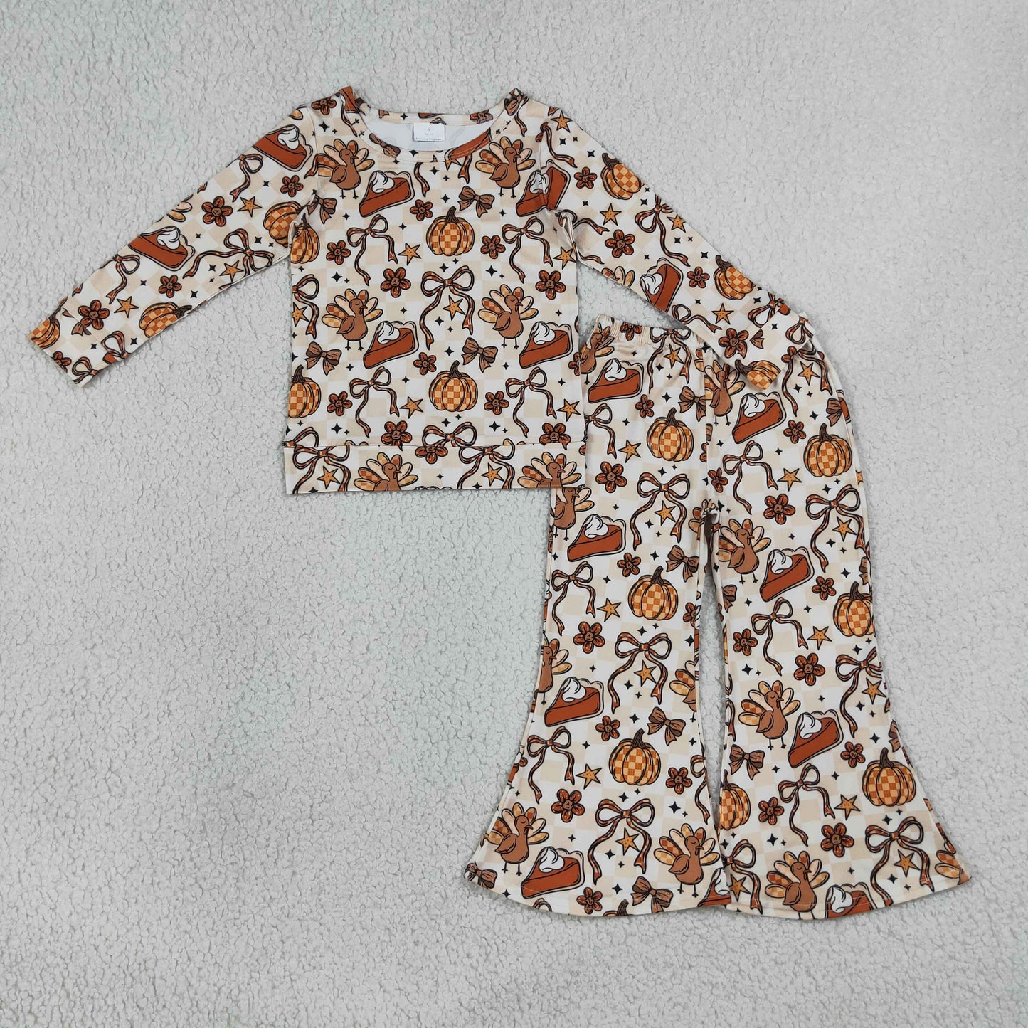 GLP3420 Thanksgiving Turkey Pumpkin Long-Sleeved Bell Bottom Pants Girls Sets 202607 RTS