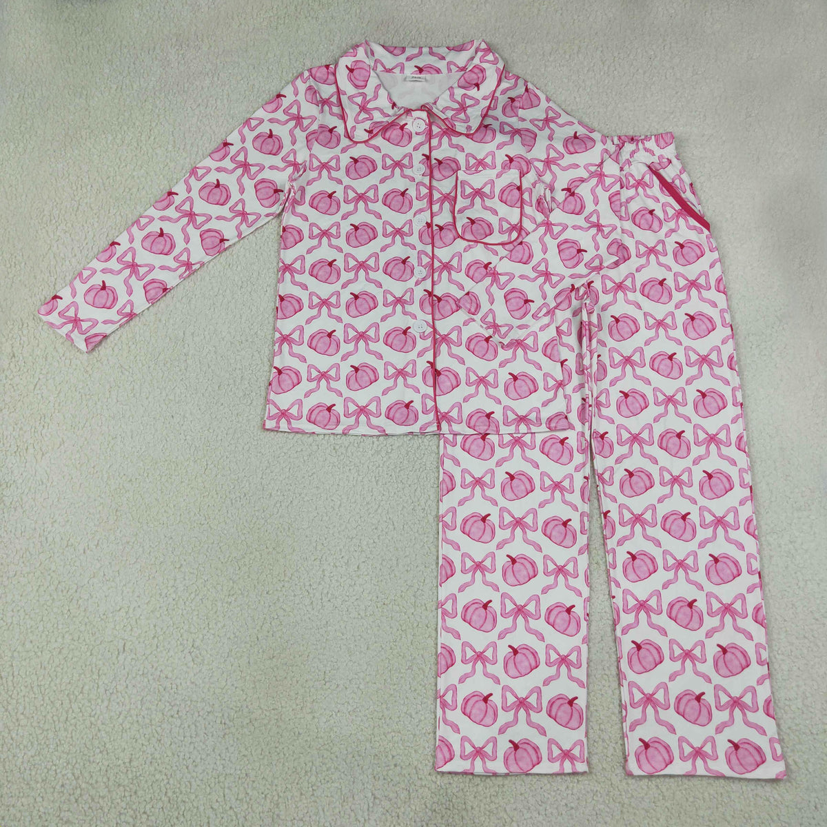 GLP3423 Fall Pumpkin Bows Bows Buttons Adult Women Pajamas Set 202609 RTS