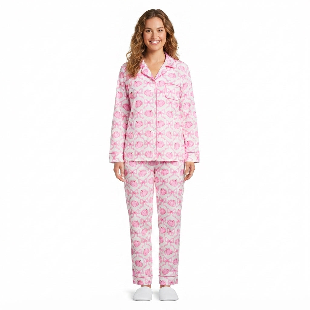 GLP3423 Fall Pumpkin Bows Bows Buttons Adult Women Pajamas Set 202609 RTS