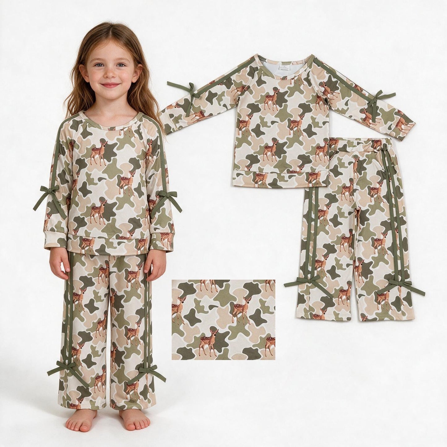 GLP3428 Deer Camo Bows Stripe Girls Set