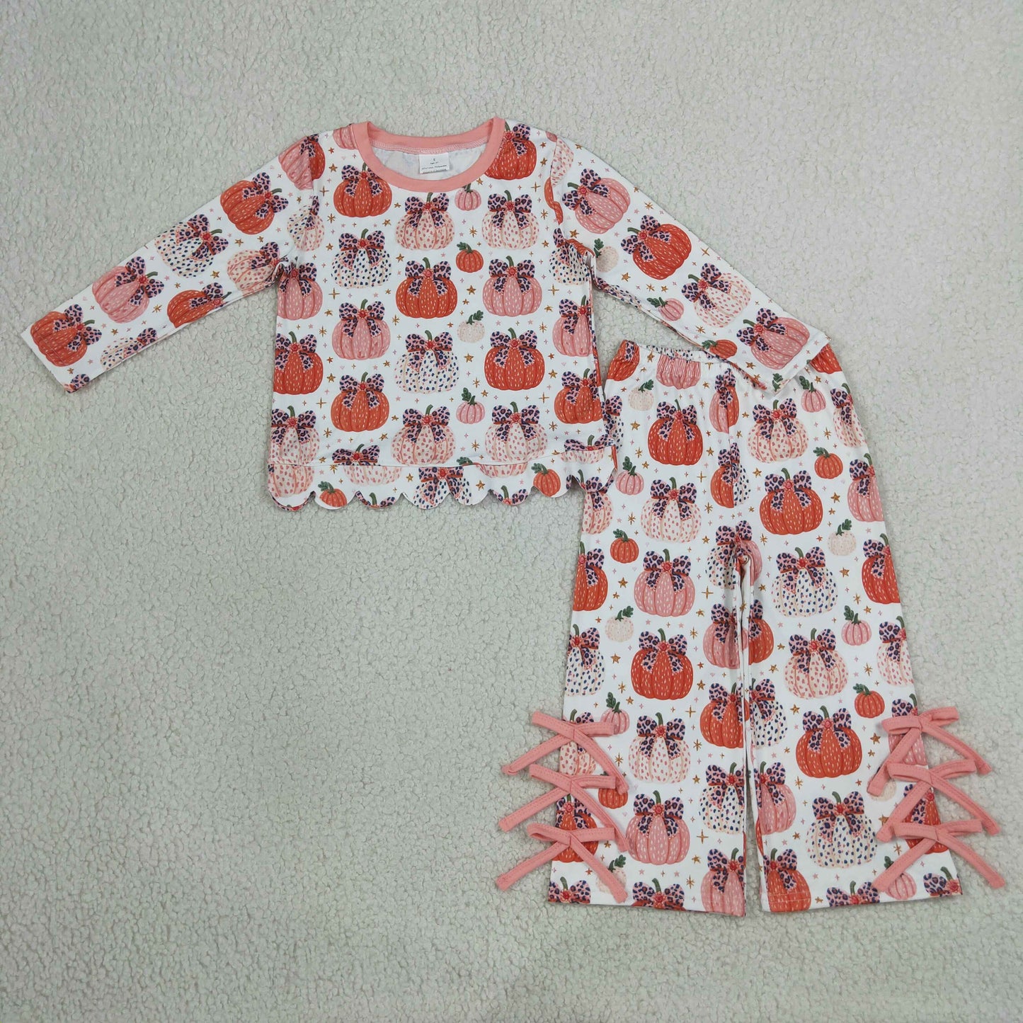 GLP3435 Fall Pumpkin Bows Leopard Scallop Edge Girls Set 202609 RTS