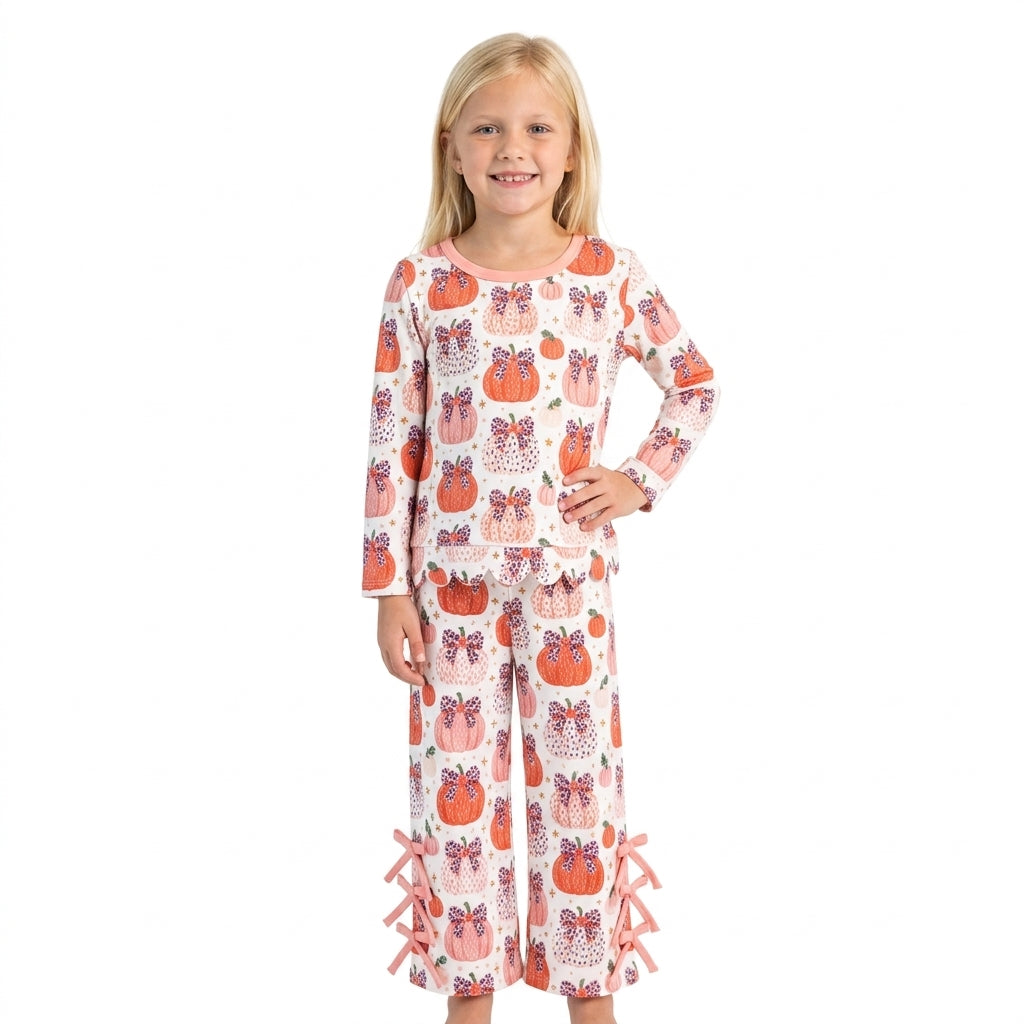GLP3435 Fall Pumpkin Bows Leopard Scallop Edge Girls Set 202609 RTS