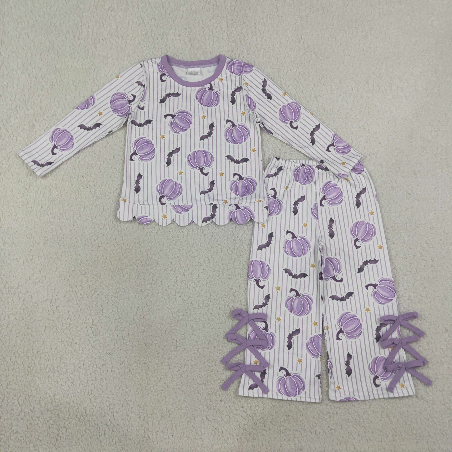 GLP3438 Halloween Pumpkin Bows Stripe Purple Long Sleeve Pants Girls Sets 202608 RTS