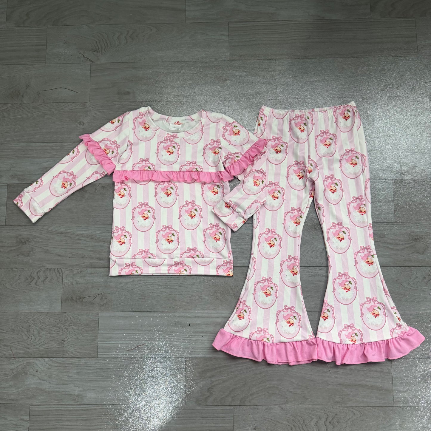 NO MOQ Preorder GLP3450 Christmas Santa Claus Bows Stripe Pink Ruffle Long Sleeve Bell Bottom Pants Girls Sets 202607