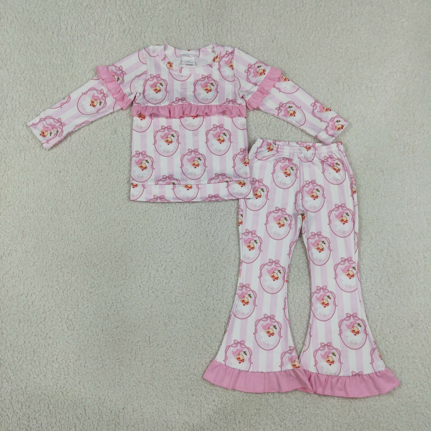 GLP3450 Christmas Santa Claus Bows Stripe Pink Ruffle Long Sleeve Bell Bottom Pants Girls Sets 202607 RTS