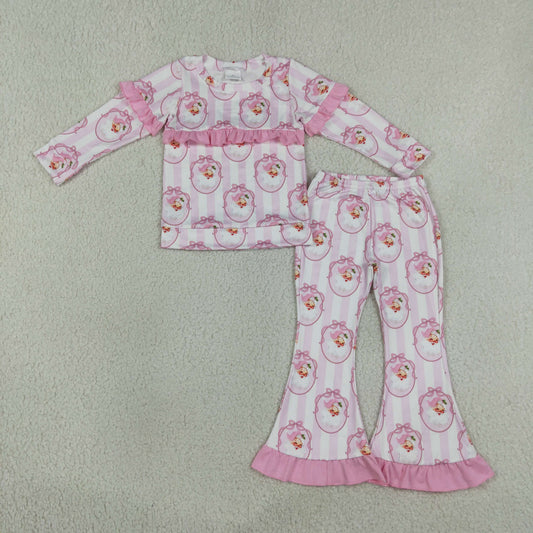 GLP3450 Christmas Santa Claus Bows Stripe Pink Ruffle Long Sleeve Bell Bottom Pants Girls Sets 202607 RTS