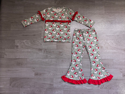 NO MOQ Preorder GLP3452 Christmas Santa Claus Green Stripe Red Ruffle Long Sleeve Pants Girls Sets 202607