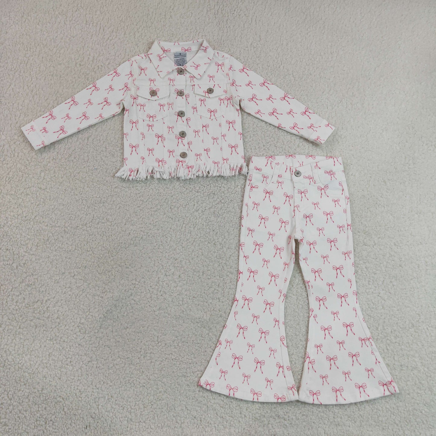 GLP3453 Pink Bows White Denim Long Sleeve Pants Girls Sets 202606 RTS