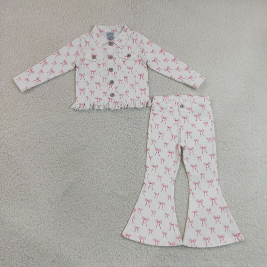 GLP3453 Pink Bows White Denim Long Sleeve Pants Girls Sets 202606 RTS