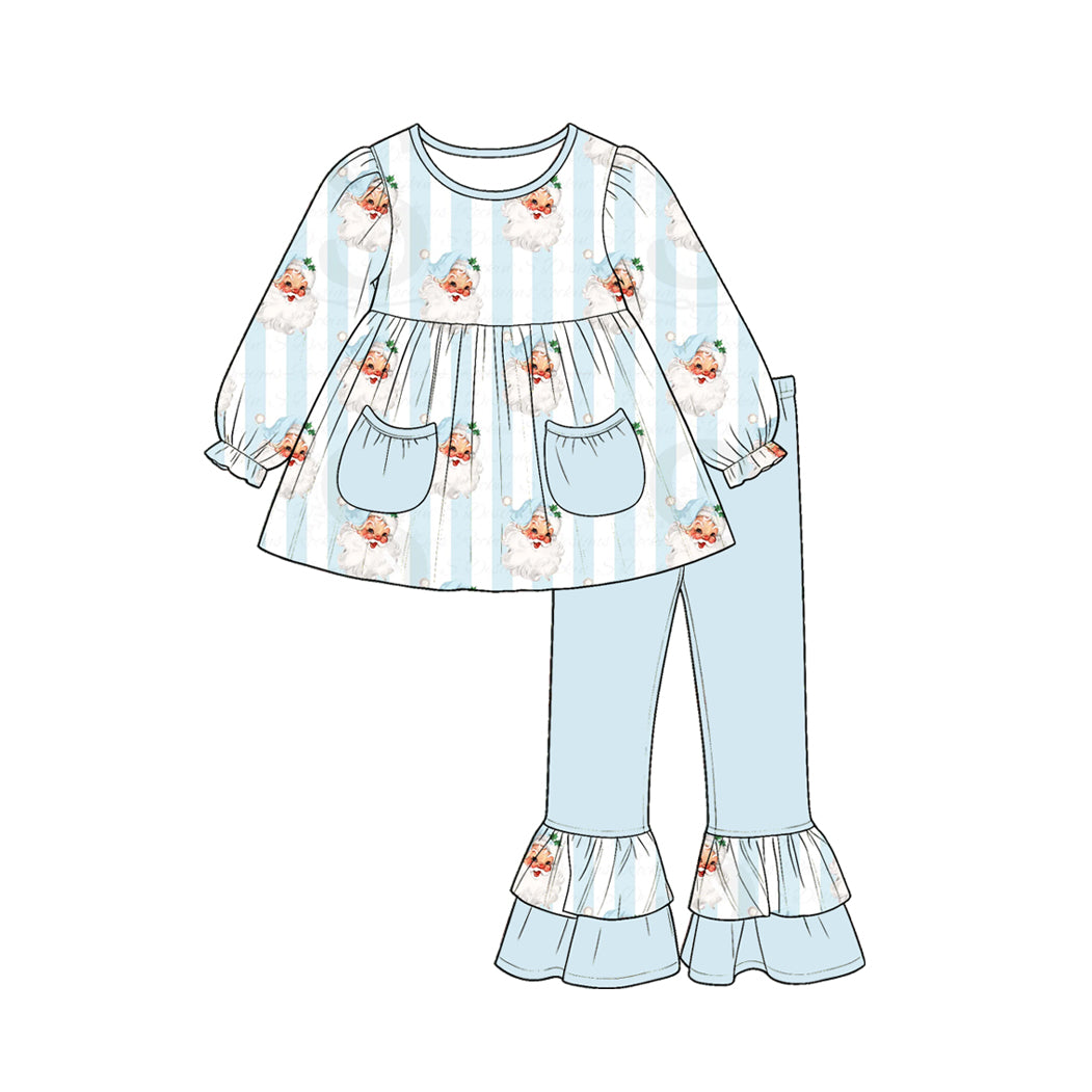 MOQ 5 PCS Preorder GLP3455 Christmas Santa Claus Stripe Light Blue Pocket Long-Sleeved Pants Girls Sets 202607