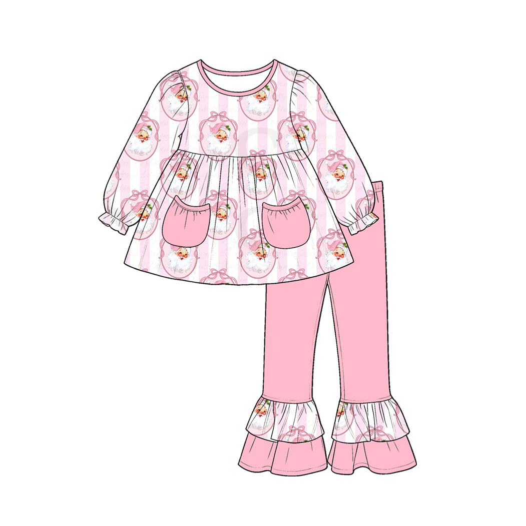 MOQ 5 PCS Preorder GLP3456 Christmas Santa Claus Stripe Pink Pocket Long-Sleeved Pants Girls Sets 202607