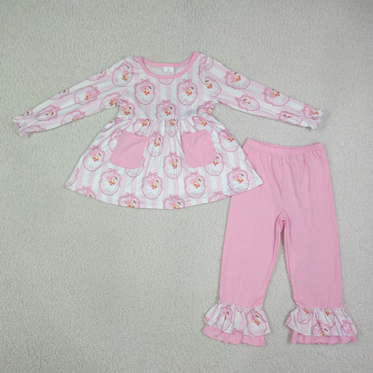 GLP3456 Christmas Santa Claus Bows Stripe Pink Pocket Long Sleeve Pants Girls Sets 202608 RTS