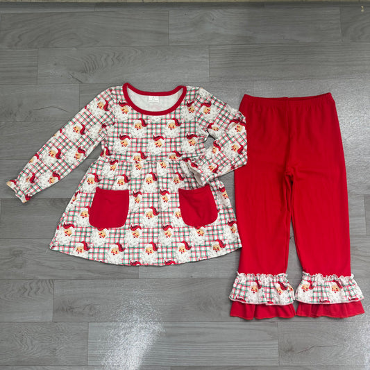 NO MOQ Preorder GLP3457 Christmas Santa Claus Plaid Red Pocket Long Sleeve Pants Girls Sets 202607